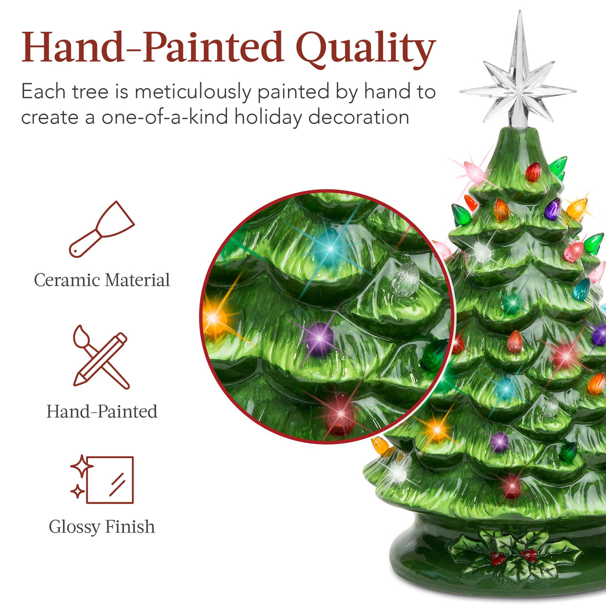 15-Inch Pre-Lit Ceramic Tabletop Christmas Tree with Star Toppers