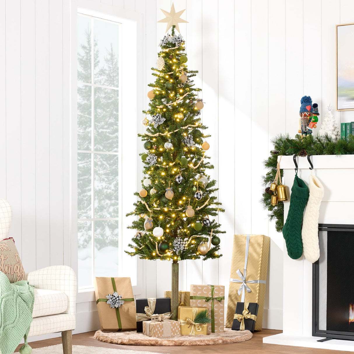 Pre Lit Alpine Slim Pencil Christmas Tree with LED Lights