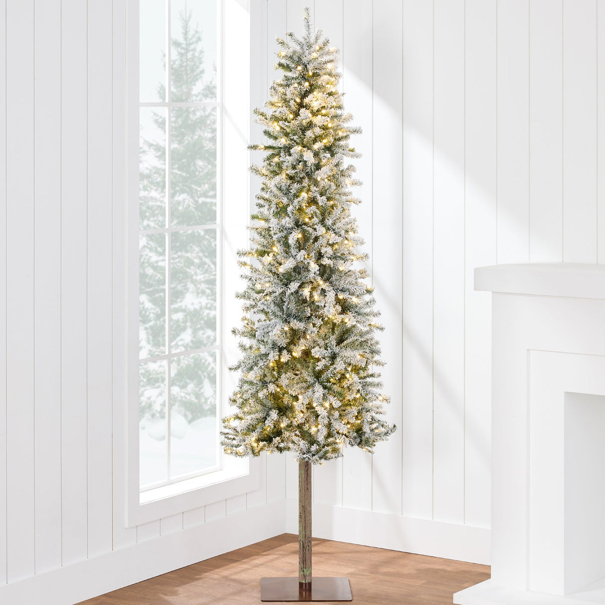 Pre Lit Flocked Slim Pencil Alpine Christmas Tree with LED Lights