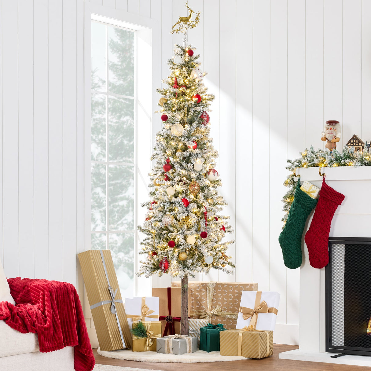 Pre Lit Flocked Slim Pencil Alpine Christmas Tree with LED Lights