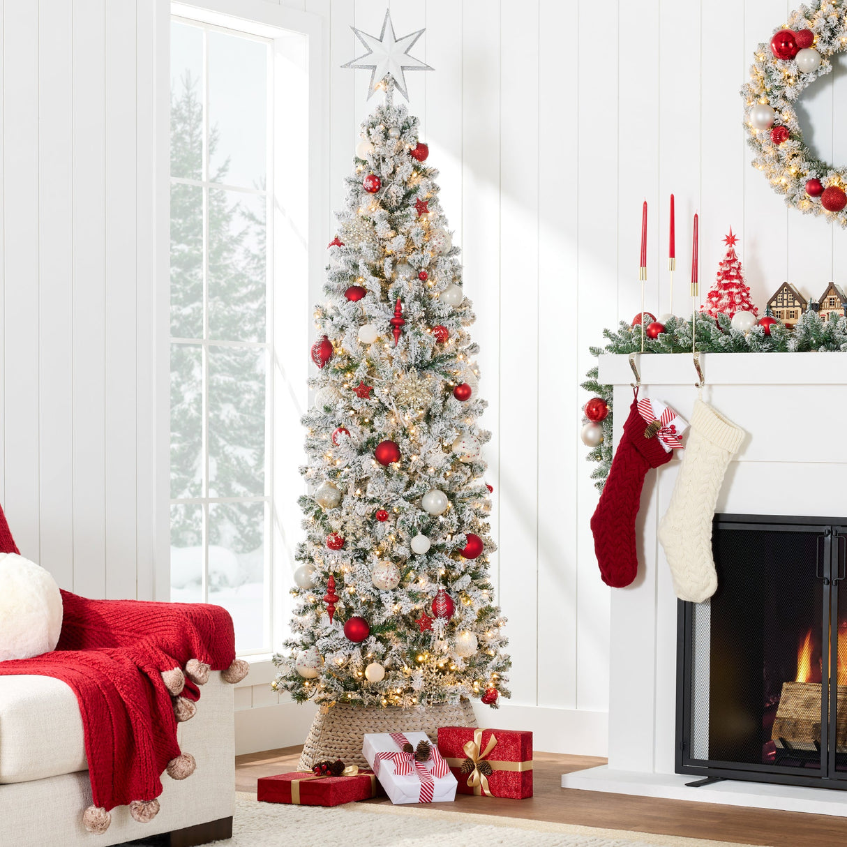 Pre Lit Snow Flocked Pencil Christmas Tree with Warm Lights