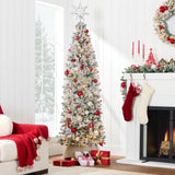 Pre Lit Snow Flocked Pencil Christmas Tree with Warm Lights