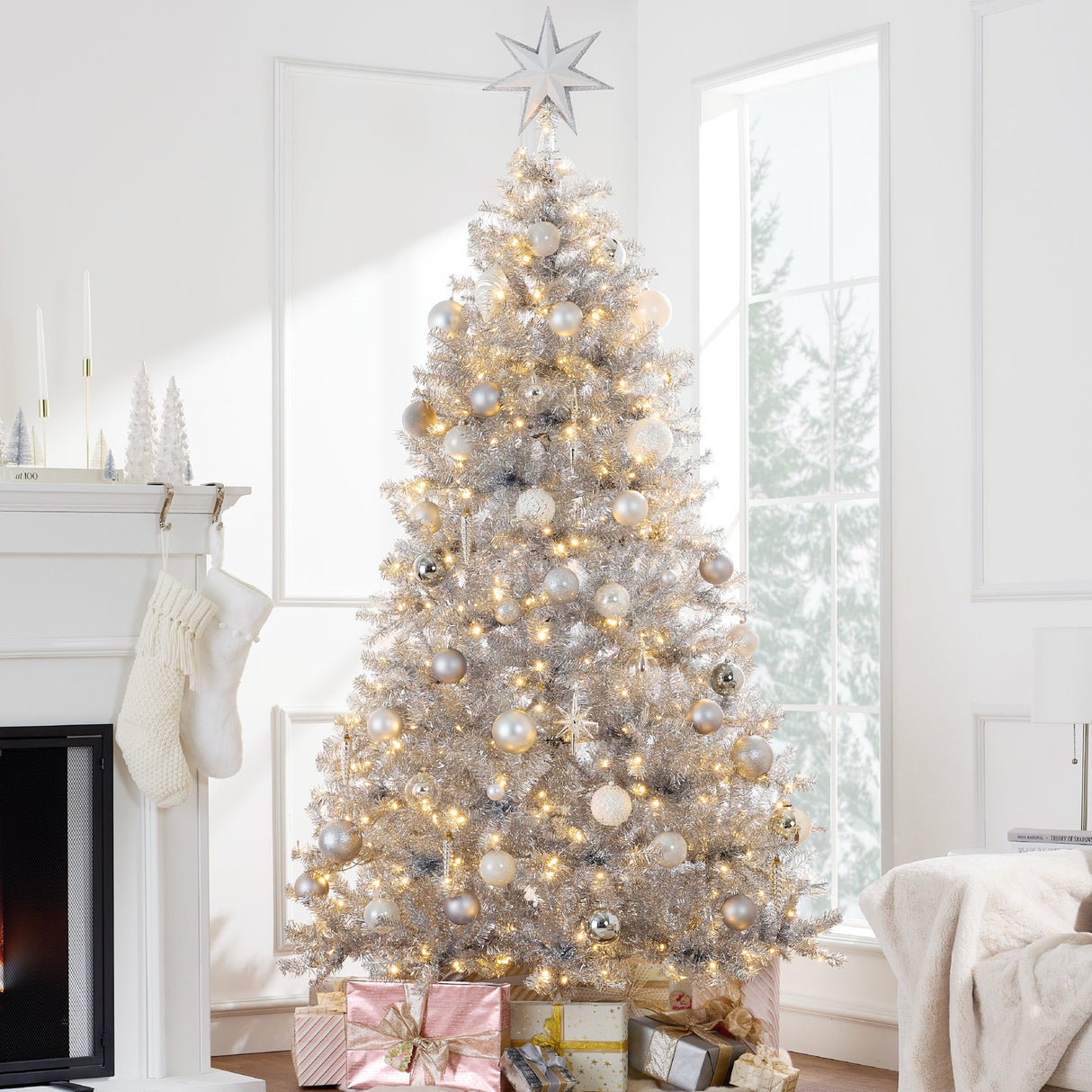 Pre Lit Silver Artificial Tinsel Christmas Tree with Foldable Stand