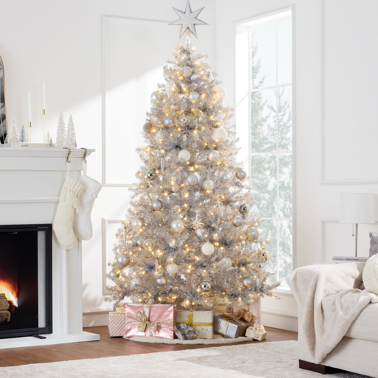 Pre Lit Silver Artificial Tinsel Christmas Tree with Foldable Stand
