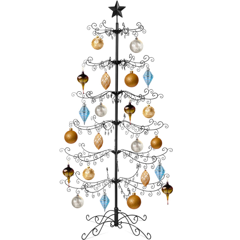 RADYAN wrought iron tiered folding stand displaying hanging Christmas ornaments on a decorated tree