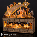 Wooden shooting star Christmas advent calendar with warm LED light hanging on a festive wall display