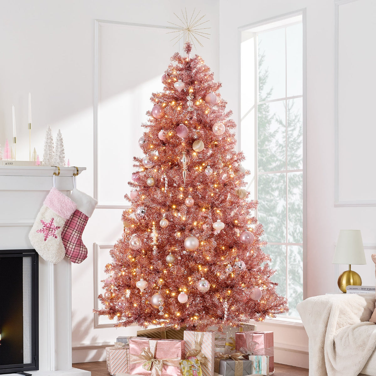 Pre-Lit Artificial Tinsel Christmas Tree with Foldable Metal Stand product image