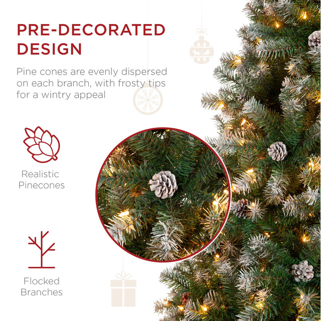 Pre-Lit Flocked Christmas Tree with Pine Cones and String Lights product image showing its overall design and key.