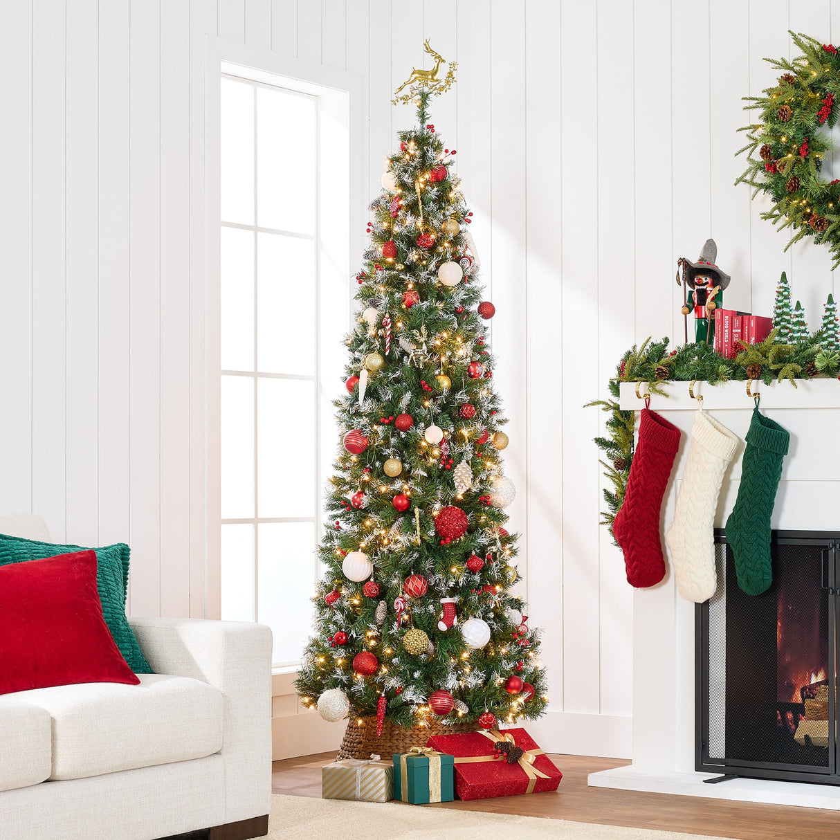 Pre Lit Flocked Spruce Pencil Christmas Tree with Pine Cones & Berries