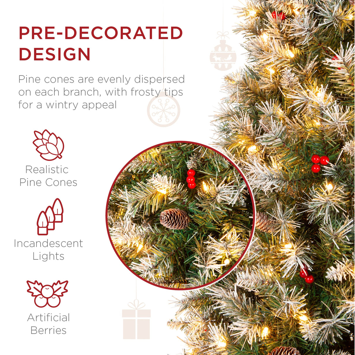 Pre Lit Flocked Spruce Pencil Christmas Tree with Pine Cones & Berries