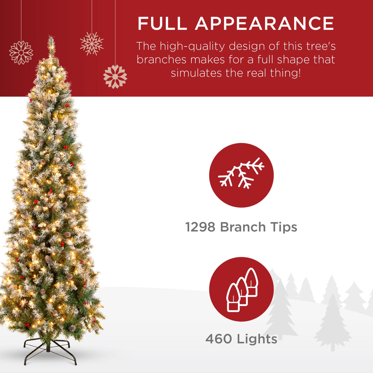 Pre Lit Flocked Spruce Pencil Christmas Tree with Pine Cones & Berries