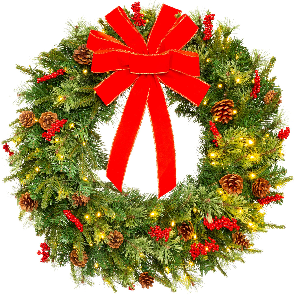 Pre-Lit Battery Powered Christmas Wreath with Lights, Ribbon & Pinecones