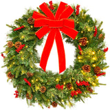 Pre-Lit Battery Powered Christmas Wreath with Lights, Ribbon & Pinecones