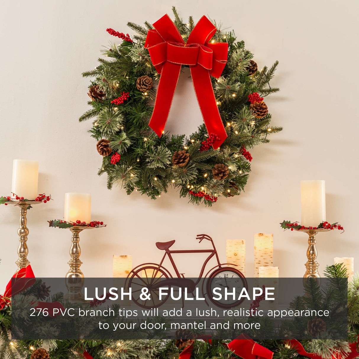 Pre-Lit Battery Powered Christmas Wreath with Lights, Ribbon & Pinecones