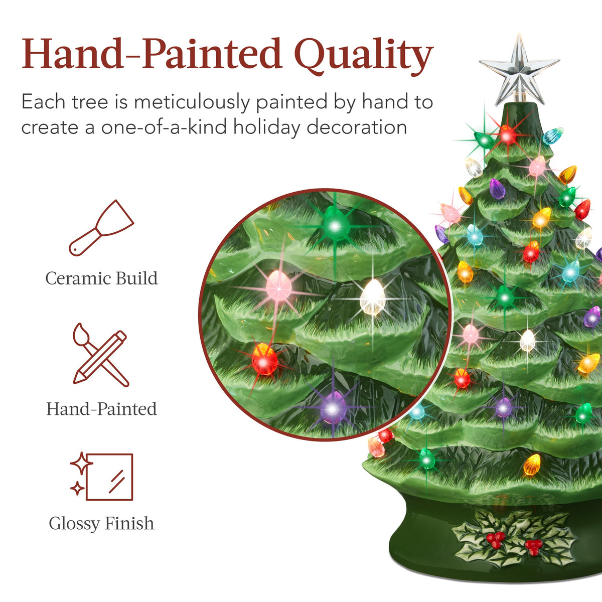 Pre-Lit Ceramic Christmas Tree Decoration with LED Light Timer product image showing its overall design and key.