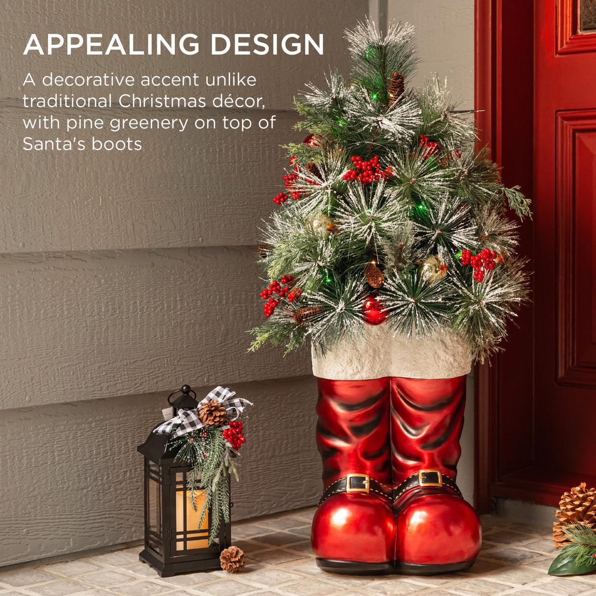 40in Santa Boots Christmas Decoration with Pre-Decorated Greenery & Lights