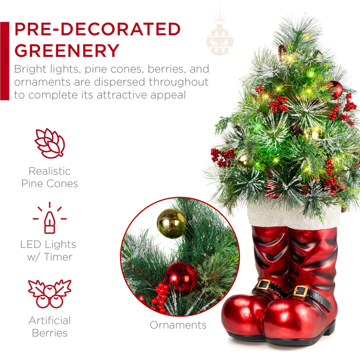 40in Santa Boots Christmas Decoration with Pre-Decorated Greenery & Lights