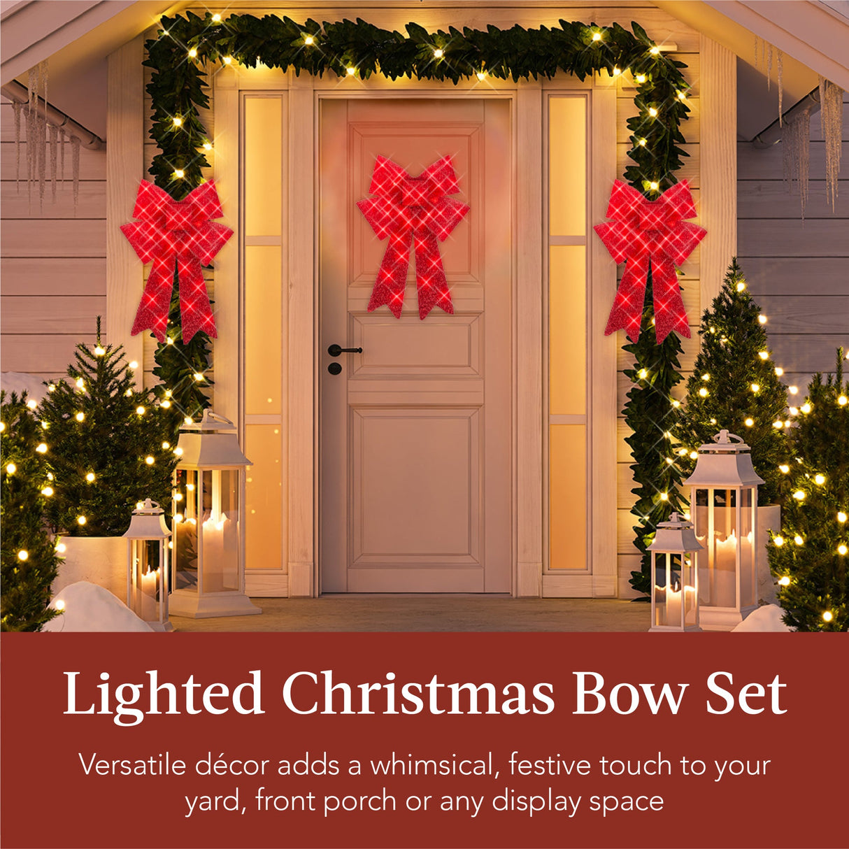 Set of 3 Pre-Lit Christmas Bow Decorations with LED Lights & 8 Lighting Modes