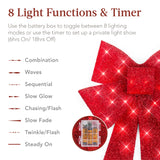 Set of 3 Pre-Lit Christmas Bow Decorations with LED Lights & 8 Lighting Modes