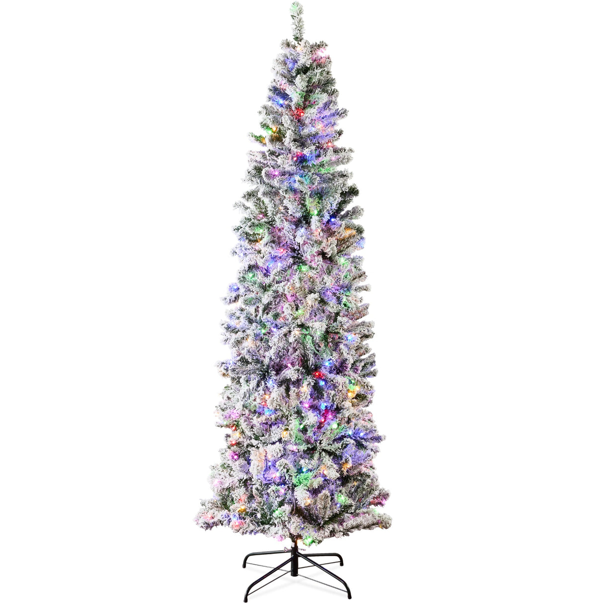 Pre Lit Snow Flocked Pencil Christmas Tree with Multicolor LED Lights