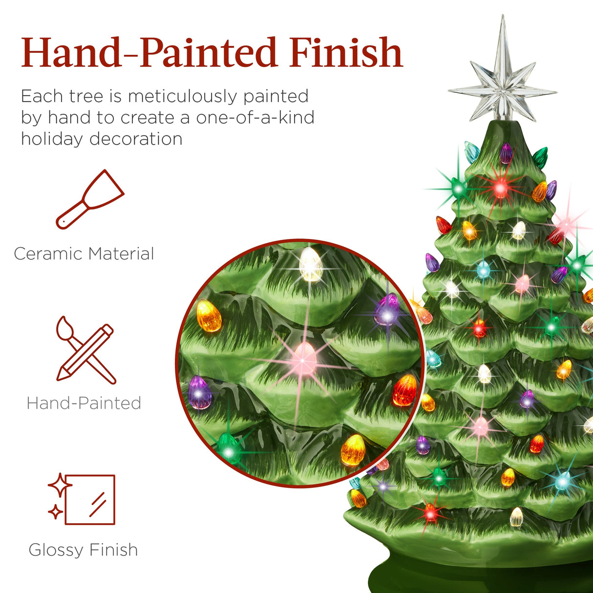 18-Inch Large Pre-Lit Ceramic Christmas Tree with LED Lights & Star Topper