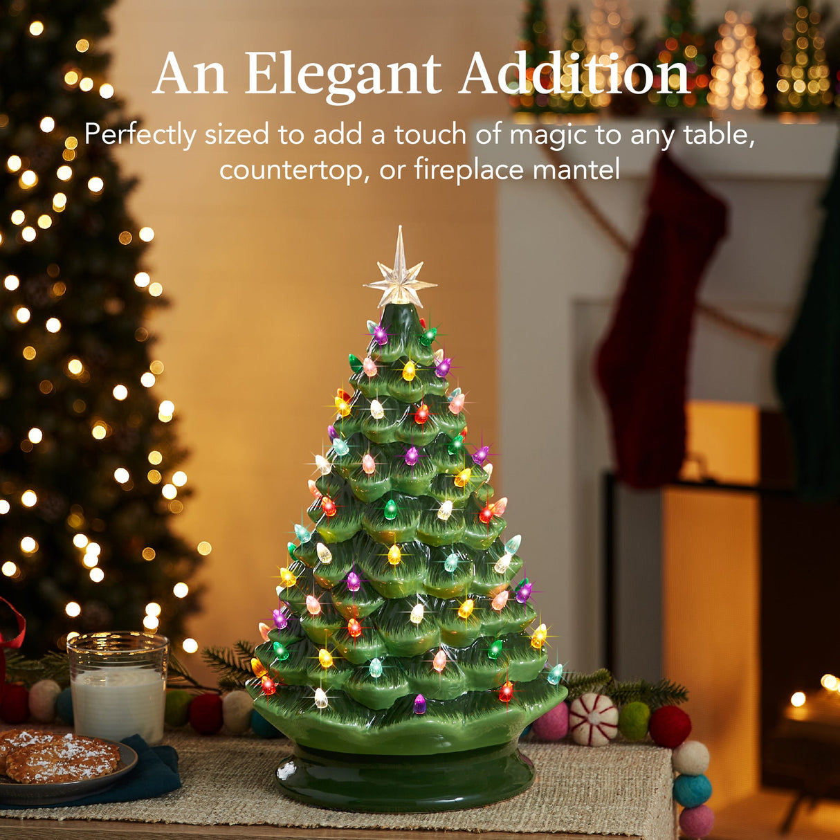 18-Inch Large Pre-Lit Ceramic Christmas Tree with LED Lights & Star Topper