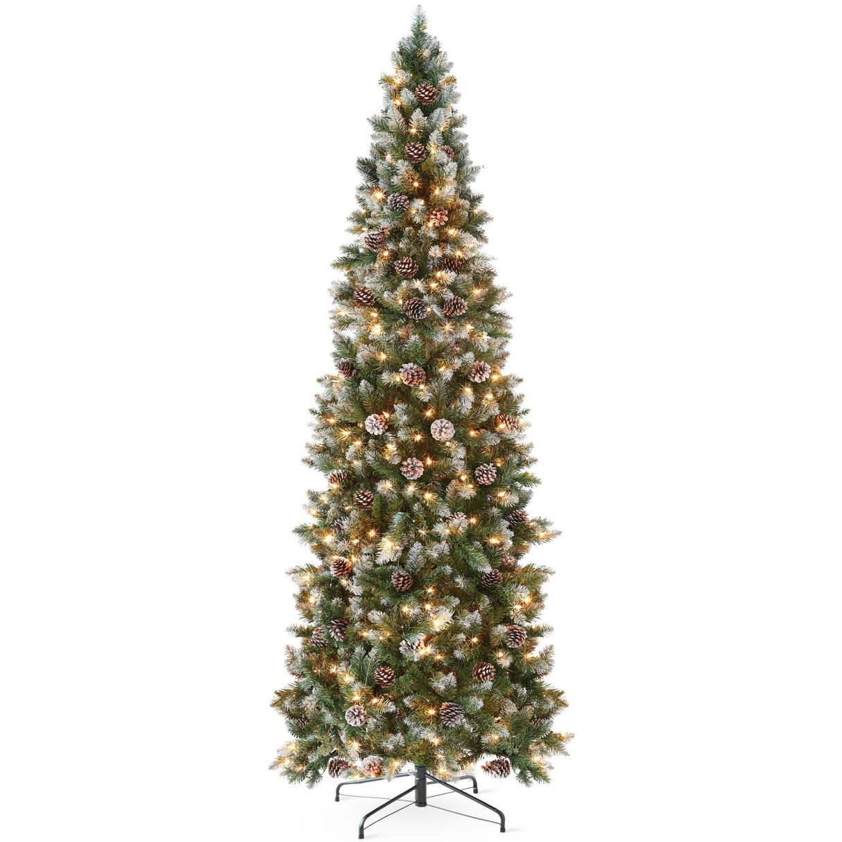 Pre Lit Partially Flocked Pencil Christmas Tree with Pine Cones Metal Stand