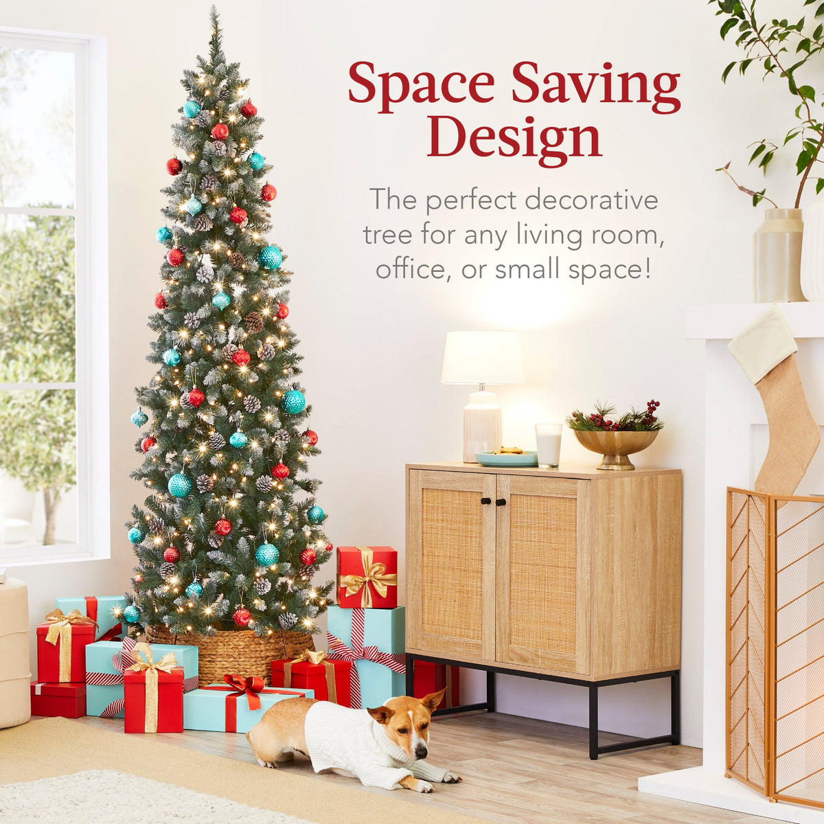 Pre-Lit Partially Flocked Pencil Christmas Tree with Pine Cones product image showing its overall design and key.
