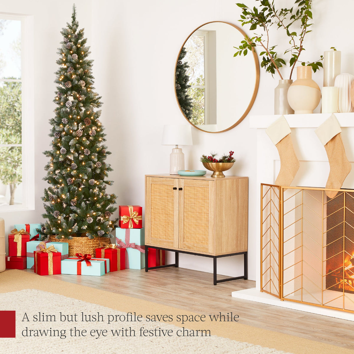 Pre-Lit Partially Flocked Pencil Christmas Tree with Pine Cones product image showing its overall design and key.