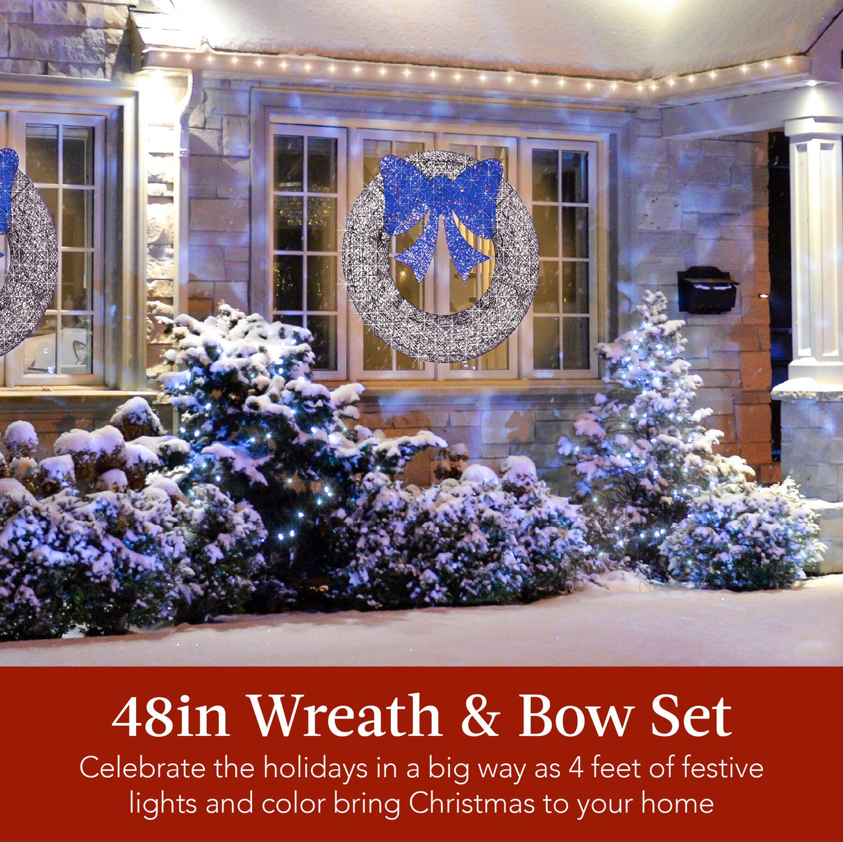 48in Pre Lit Outdoor Christmas Wreath with Bow LED Metal Decor