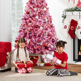 Pre-Lit Snow Flocked Christmas Tree with Sturdy Metal Base Stand product image showing its overall design and key.