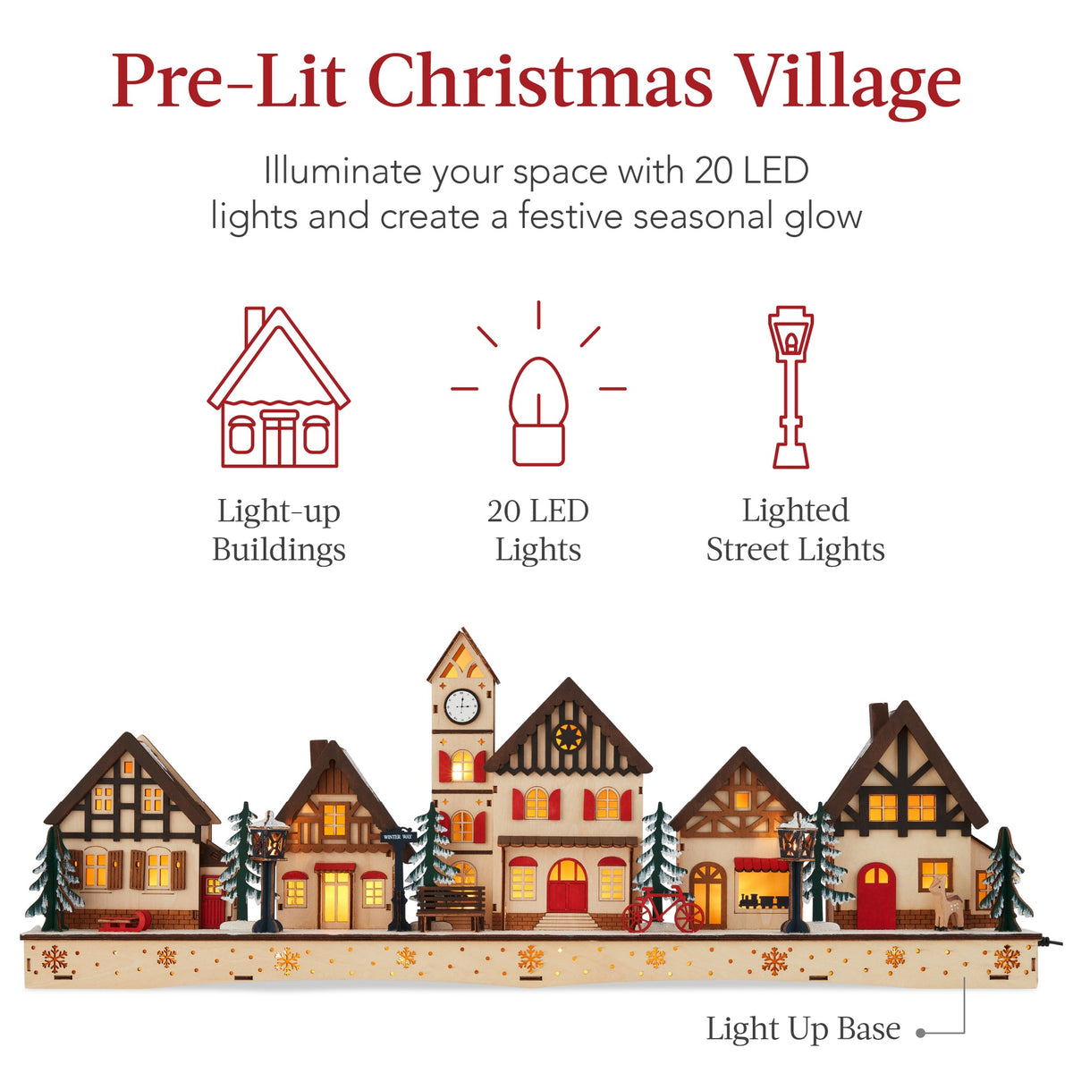 Pre-lit wooden Christmas village with warm LED lights arranged as festive mantel decor