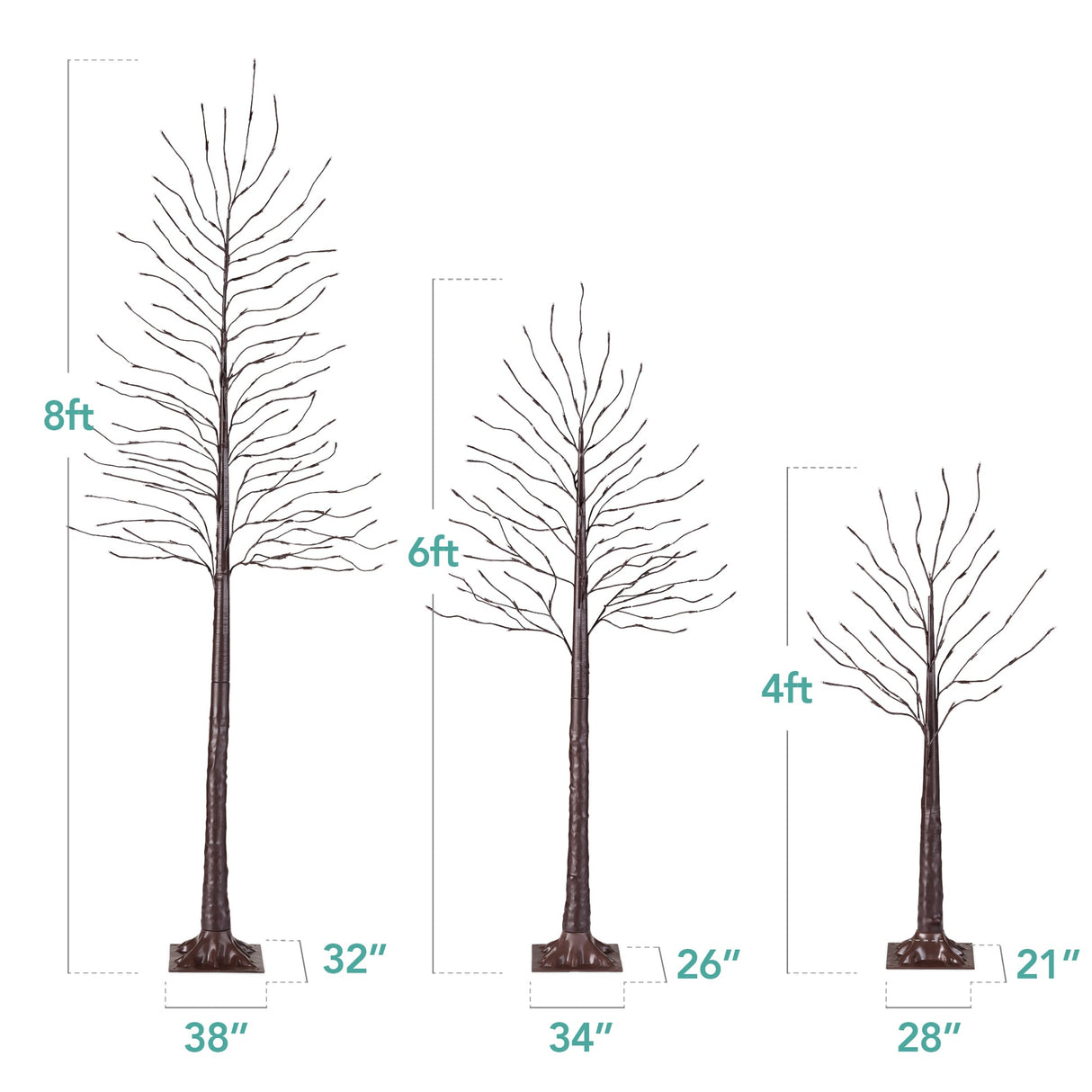 Set of 3 Lighted Birch Twig Trees with 300 Color-Changing LED Lights