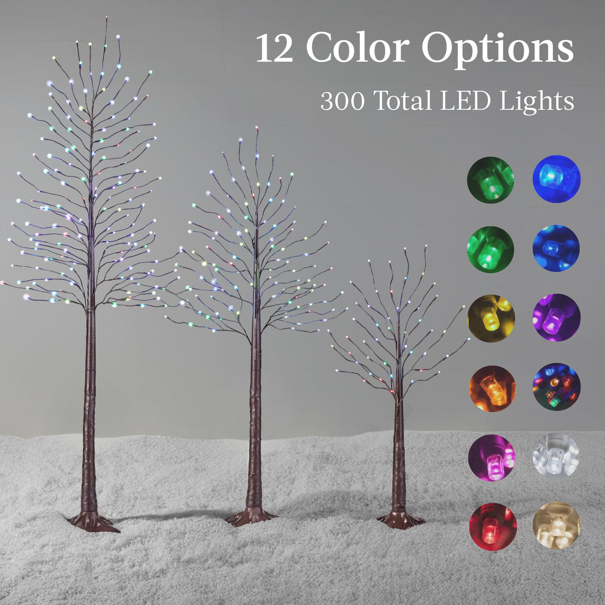 Set of 3 Lighted Birch Twig Trees with 300 Color-Changing LED Lights