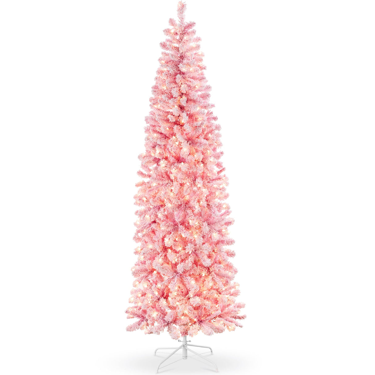 Pre Lit Snow Flocked Pink Pencil Christmas Tree with Lights