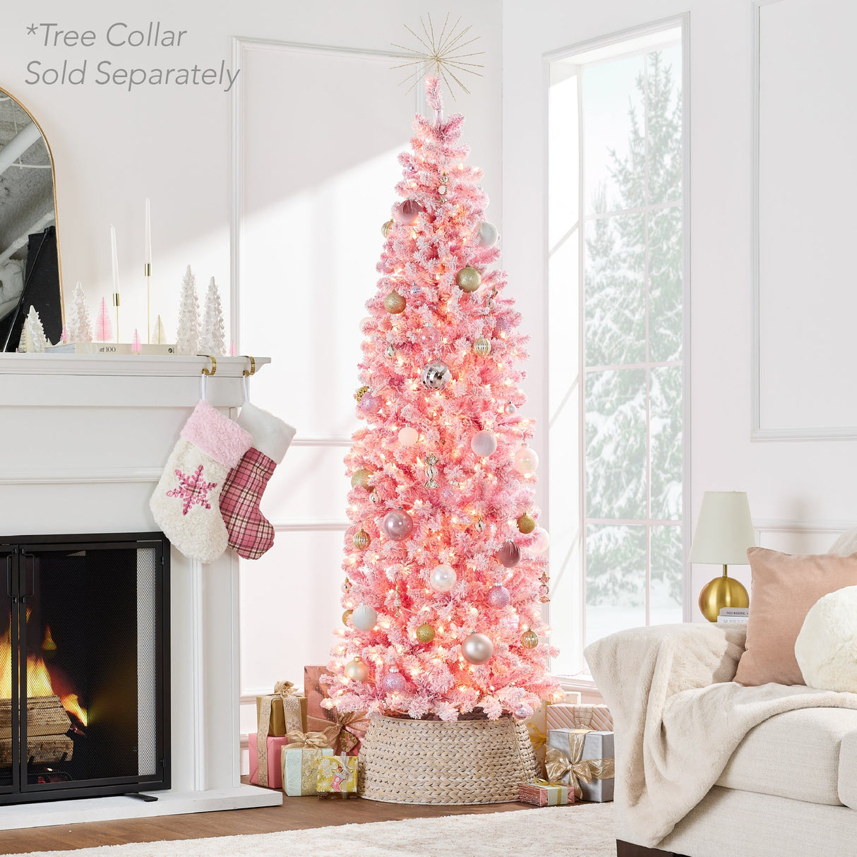 Pre Lit Snow Flocked Pink Pencil Christmas Tree with Lights