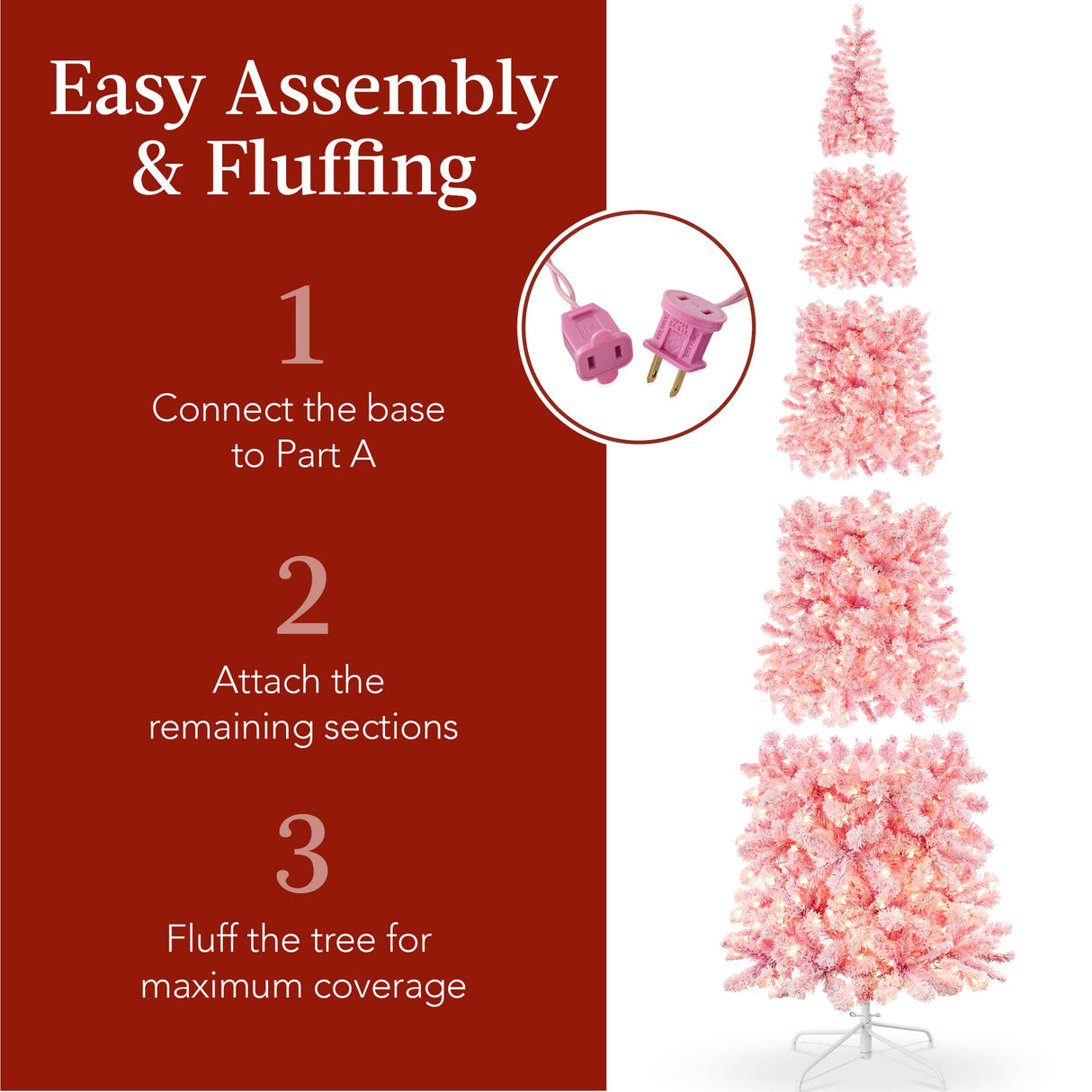 Pre Lit Snow Flocked Pink Pencil Christmas Tree with Lights