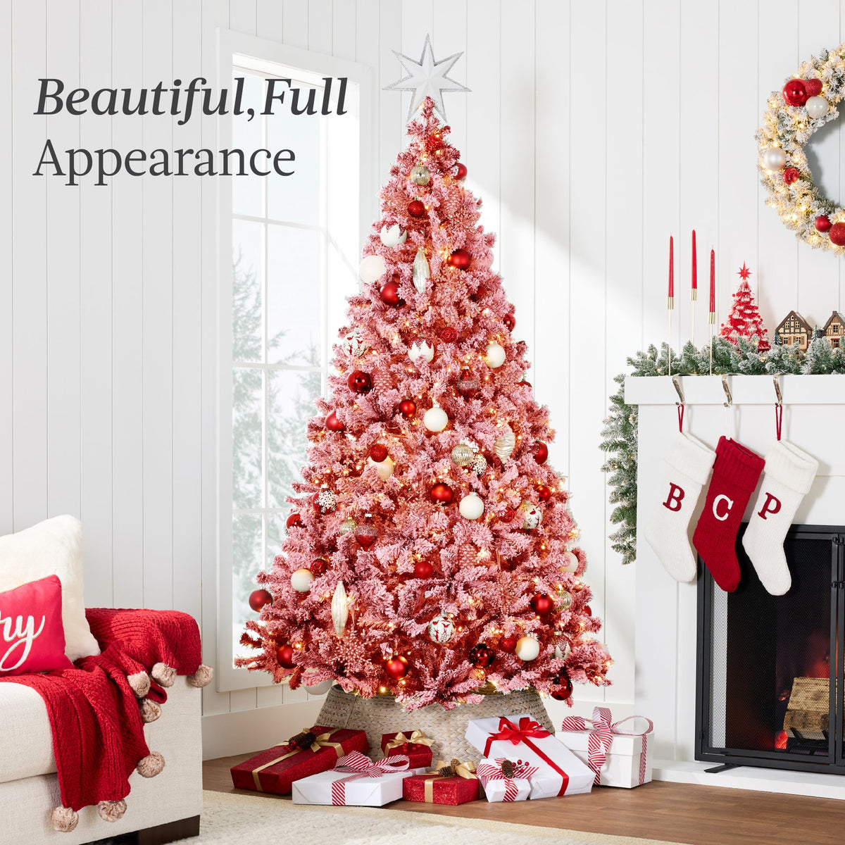 Pre-Lit Flocked Pine Christmas Tree with Warm White String Lights product image showing its overall design and key.
