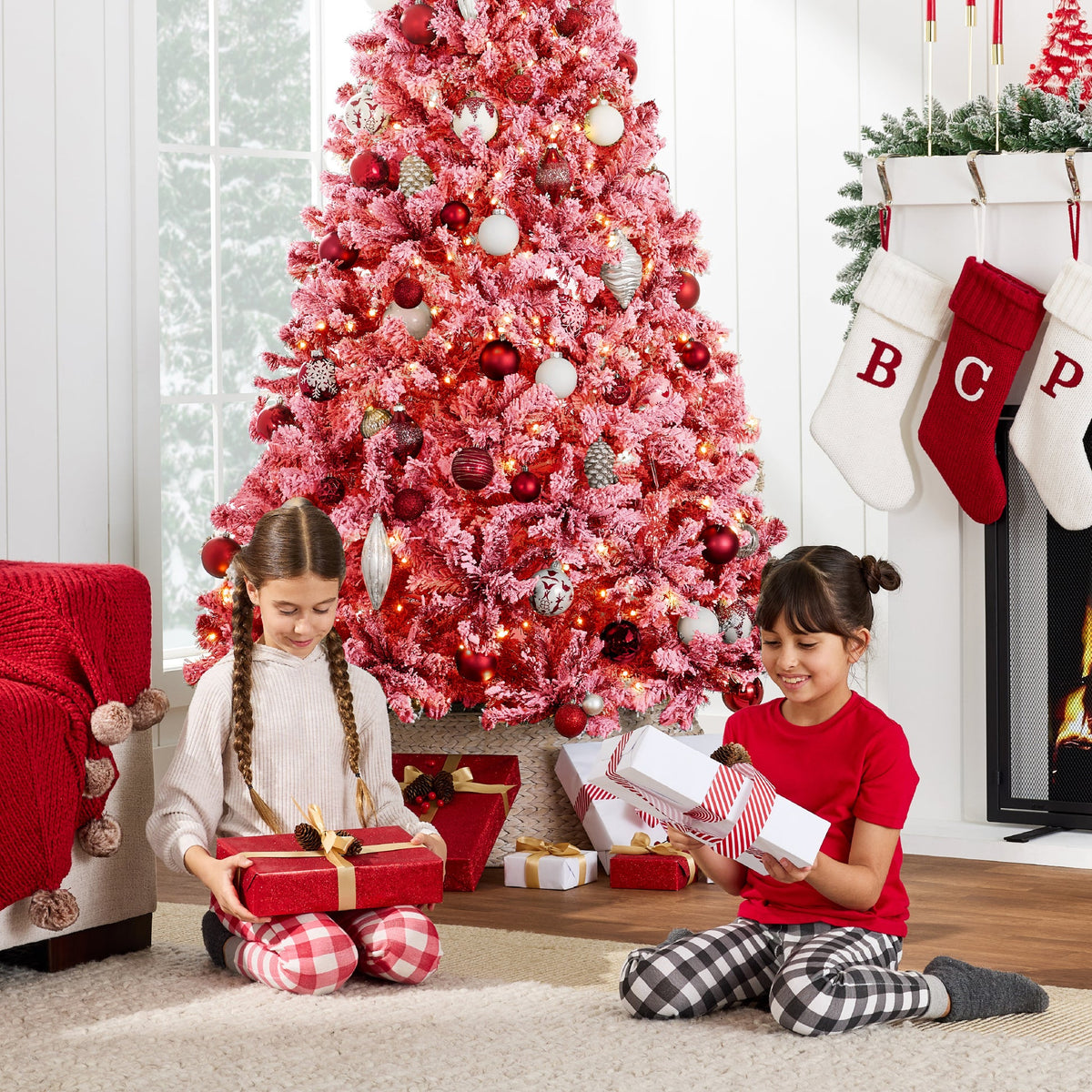 Pre-Lit Flocked Pine Christmas Tree with Warm White String Lights product image showing its overall design and key.