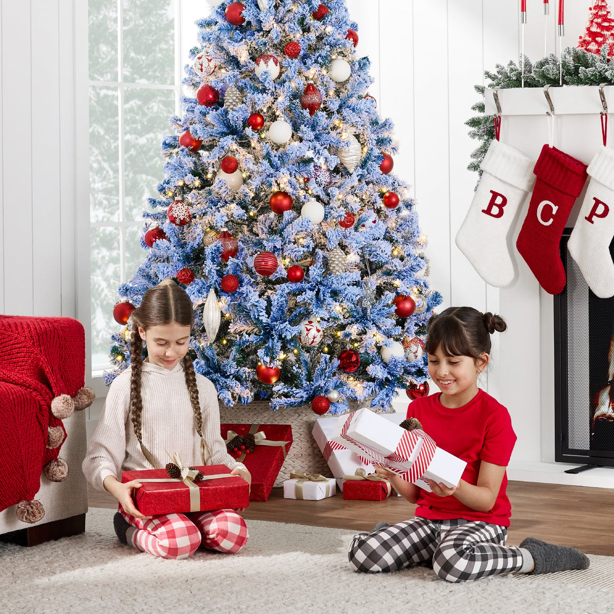 Pre Lit Blue Flocked Pine Christmas Tree with White Lights