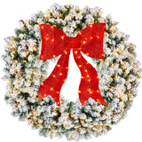 Pre-Lit Flocked Artificial Fir Christmas Wreath with Red Bow & LED Lights