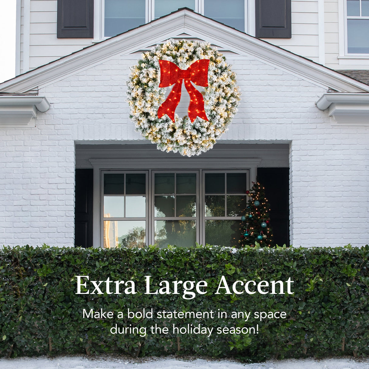 Pre-Lit Flocked Artificial Fir Christmas Wreath with Red Bow & LED Lights