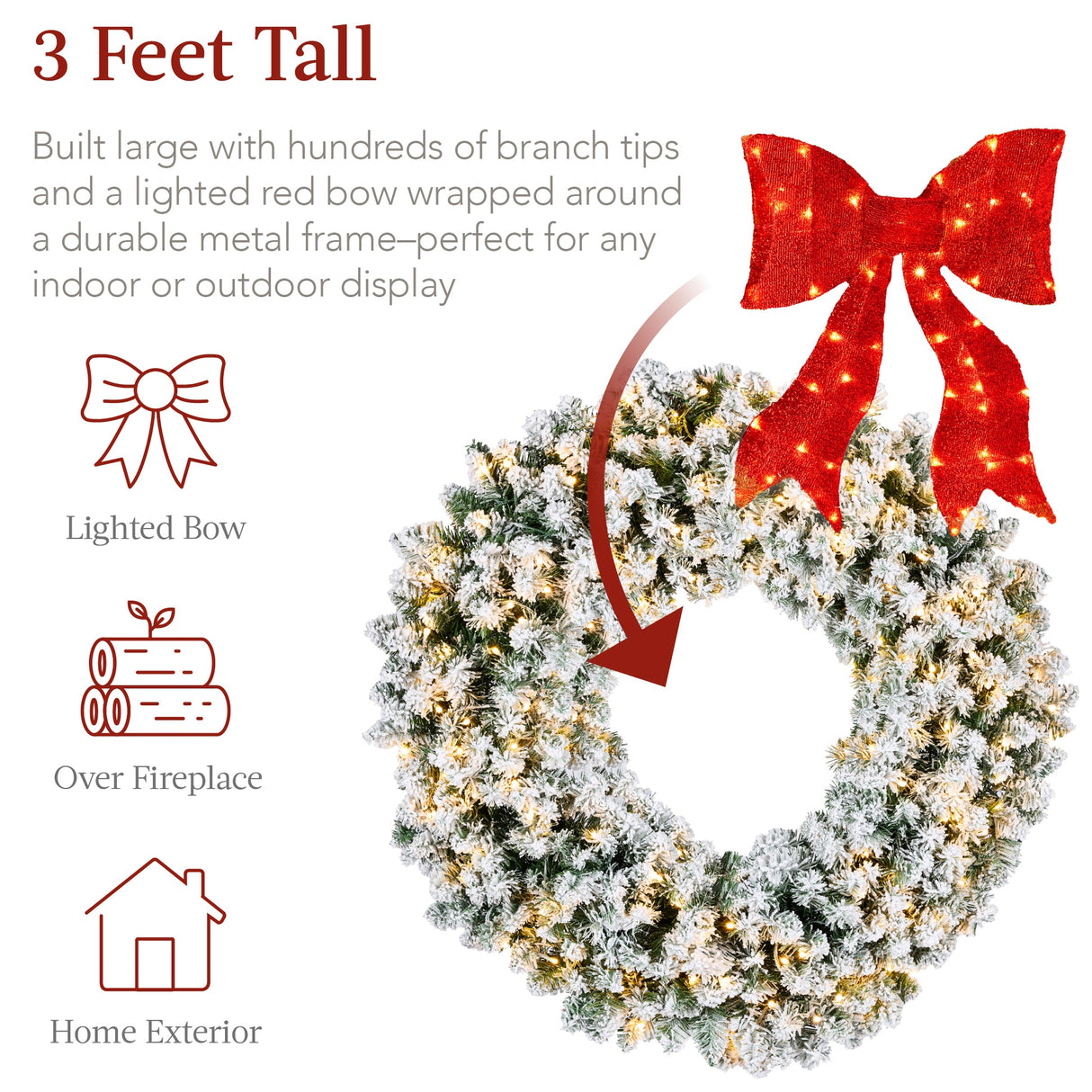 Pre-Lit Flocked Artificial Fir Christmas Wreath with Red Bow & LED Lights