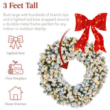 Pre-Lit Flocked Artificial Fir Christmas Wreath with Red Bow & LED Lights