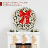 Pre-Lit Flocked Artificial Fir Christmas Wreath with Red Bow & LED Lights