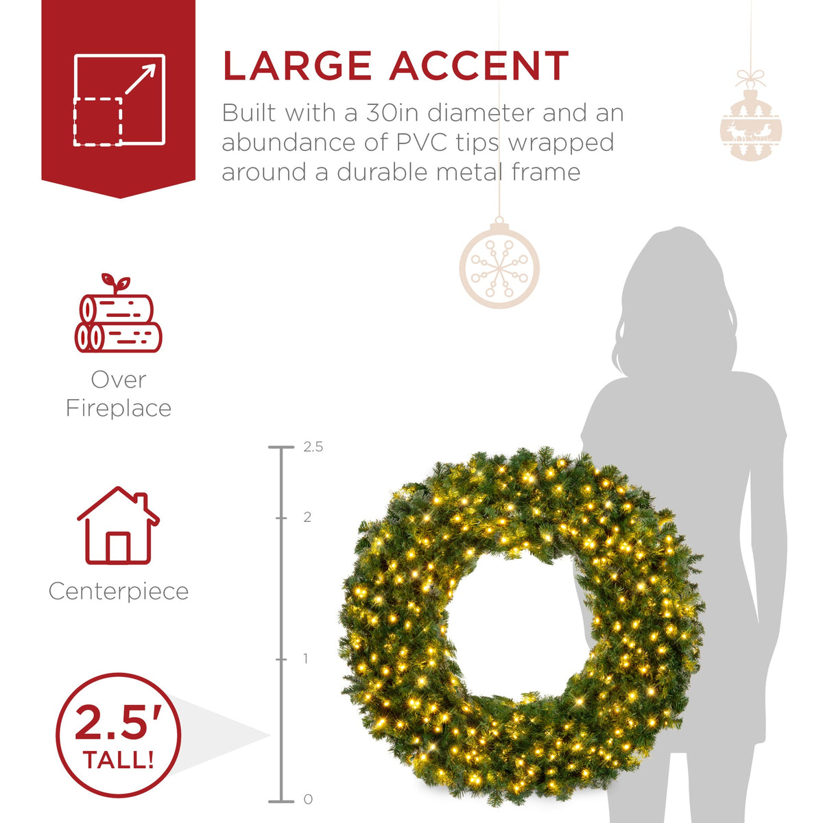 RADYAN pre-lit artificial fir Christmas wreath with plug-in LED lights hanging on a front door
