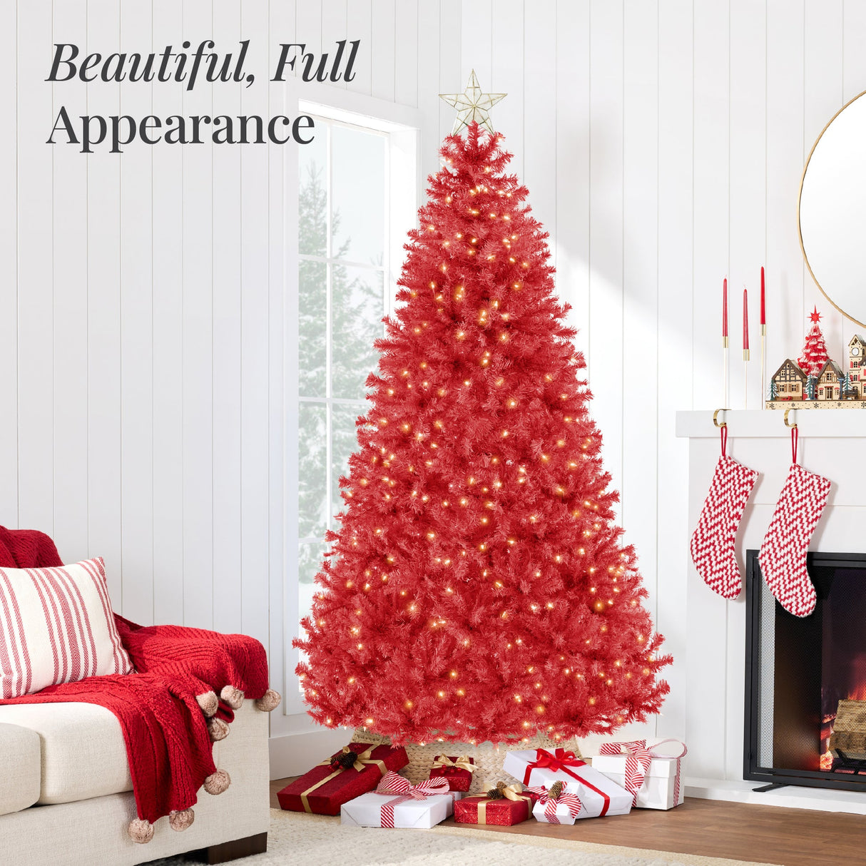 Pre Lit Red Artificial Christmas Tree with Incandescent Lights
