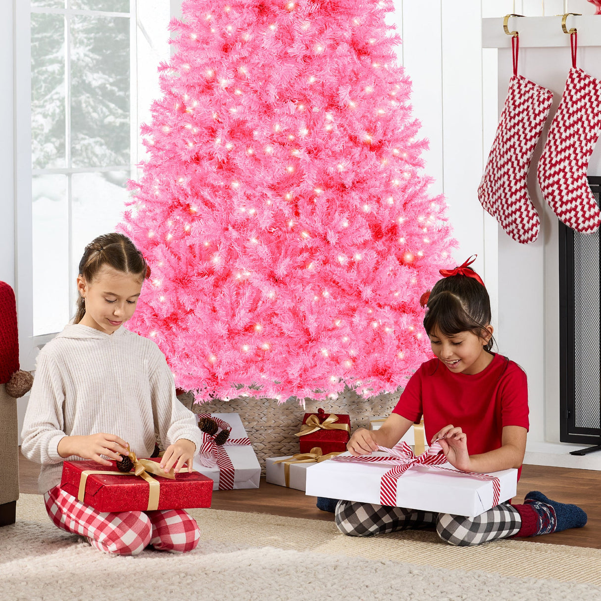 Pre Lit Pink Christmas Tree with Incandescent Lights & Metal Stand
