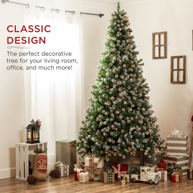 Pre-Decorated Flocked Christmas Tree with Pinecone Branch Tips product image showing its overall design and key.