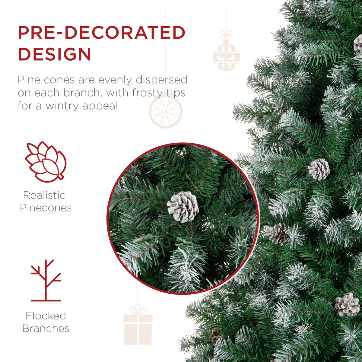 Pre-Decorated Flocked Christmas Tree with Pinecone Branch Tips product image showing its overall design and key.